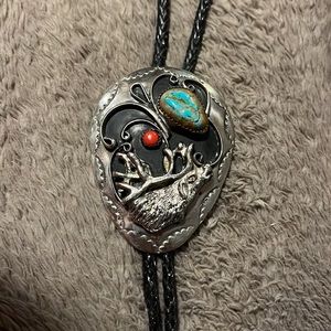 American Indian genuine Turquoise and Coral Bolero bolo tie unmarked silver buck